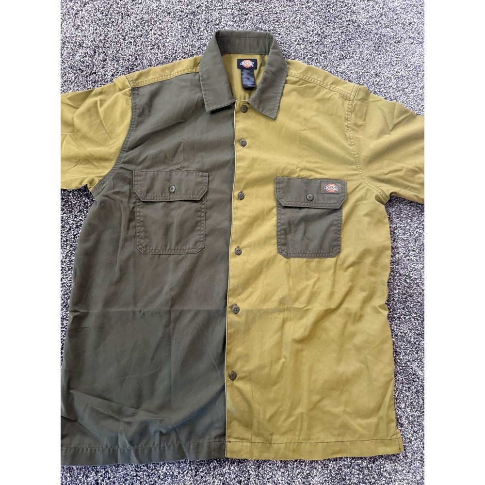 Dickies Mens Two Tone Colorblock Work Shirt Olive Mustard Yellow Medium S/S